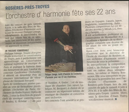 Création d’Orel pour 2 vibraphones et orchestre d’harmonie avec Philippe Limoge et Thierry Bonneaux le samedi 4 juin 2022 à rosières près Troyes